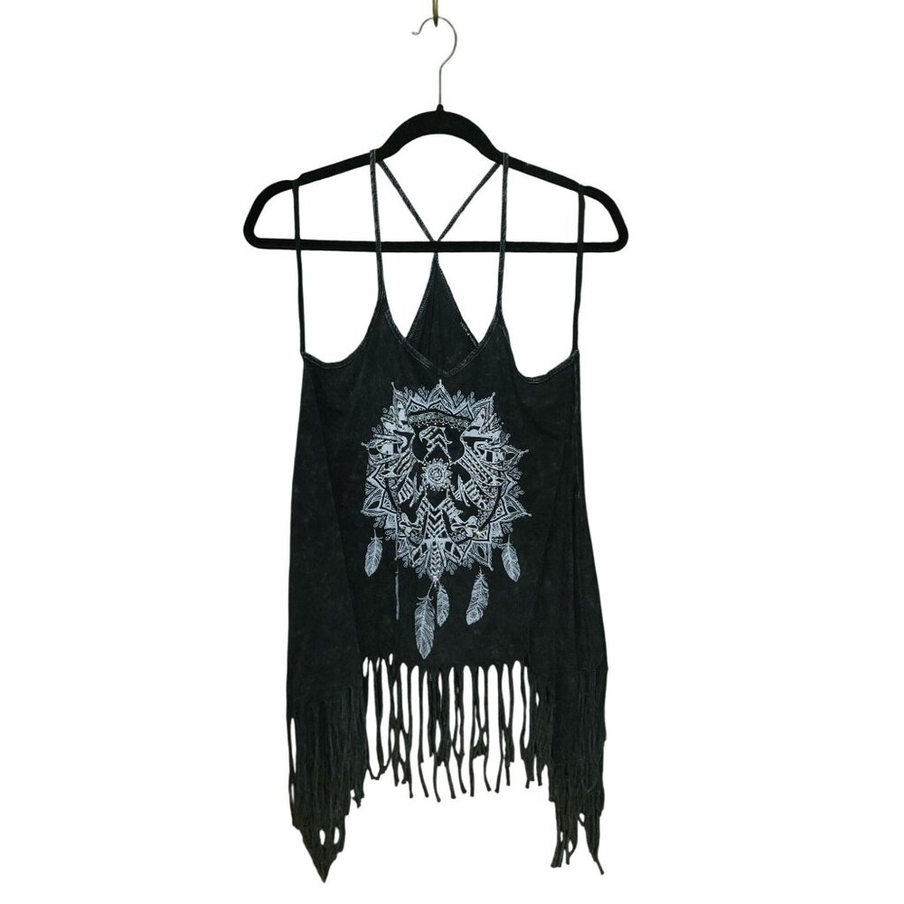 Womens Boho Fringe Tank Top Black & White Tribal Print Sleeveless Criss-Cross Ba